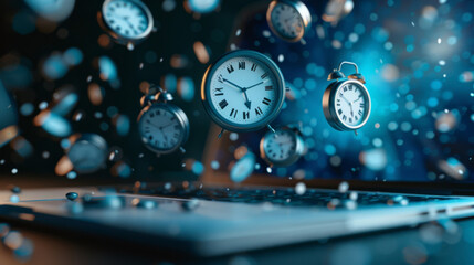 Fototapeta premium Surreal image of time flexibility in freelancing, clocks floating over a laptop