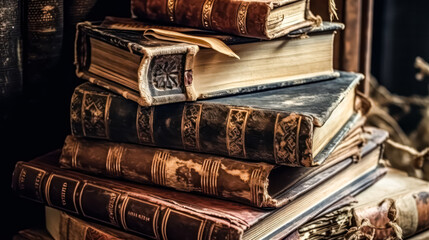 A stack of old books with a dark brown cover. The books are piled on top of each other - obrazy, fototapety, plakaty