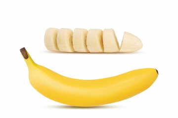 Closeup of tasty sliced bananas isolated on white background