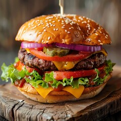 a burger on a wood surface