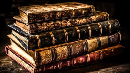 A stack of old books with a dark brown cover. The books are piled on top of each other