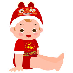 A baby wearing chinese first birthday ceremy traditional costumes.