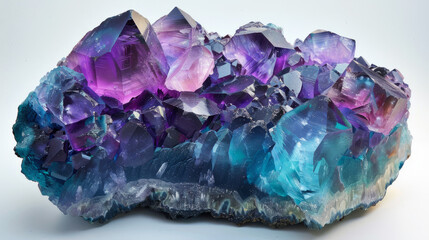 This image presents a vibrant, large group of crystals with vivid colors ranging from purple to blue on a clean white background - obrazy, fototapety, plakaty