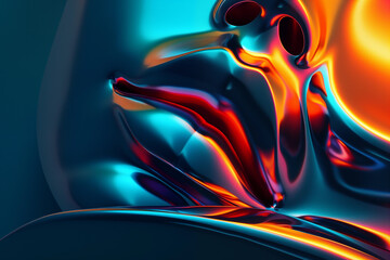 Lustrous, organic shapes meld together, vibrant blues, oranges, and reds. Flowing forms, fluid movement captured in a moment of dynamic transformation.