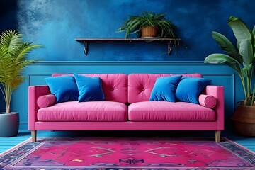 Pink sofa with bookcase against blue wall. Vibrant and colorful pop art in a mid-century...