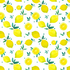 Seamless raster pattern with watercolor lemons