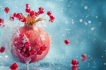 Pomegranate bursting in air with juice and berries on blue background for healthy nutrition concept