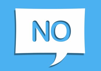 Illustration of a white paper speech bubble with the word no on it isolated on blue background - obrazy, fototapety, plakaty