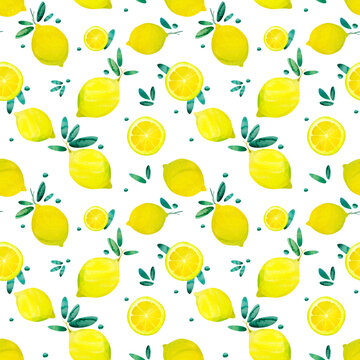 Seamless raster pattern with watercolor lemons