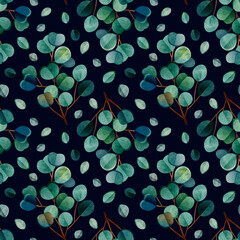 Seamless raster pattern with green leaves. Eucalyptus