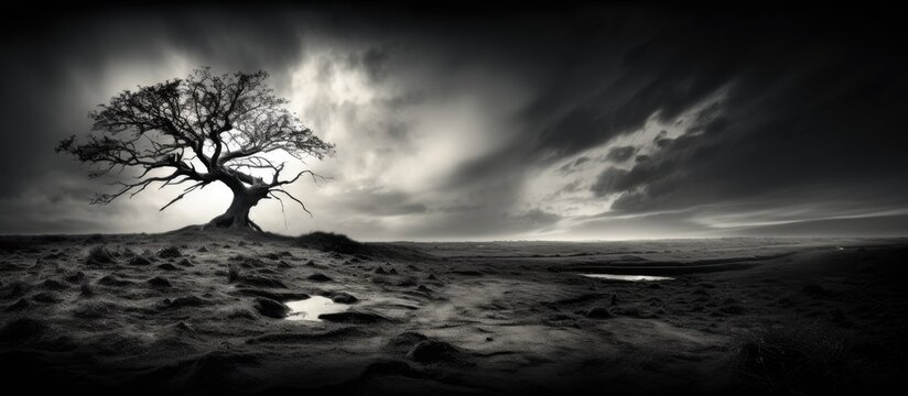 A monochromatic image of a solitary tree set against a dramatic sky filled with fluffy cumulus clouds, creating a serene natural landscape with the horizon in the distance