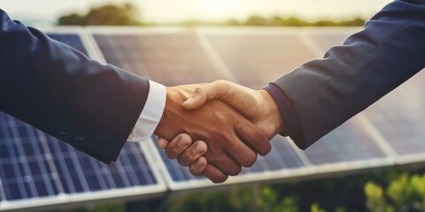 Two men shake hands in front of solar panels