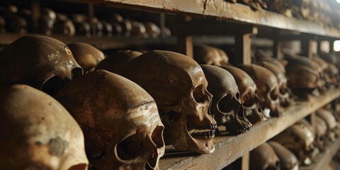 A row of skulls are displayed in a museum - obrazy, fototapety, plakaty