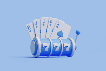 An ace-high royal flush in spades displayed with a blue slot machine showing the winning number 777. 3D render illustration - obrazy, fototapety, plakaty