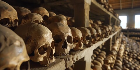 A row of skulls are stacked on top of each other