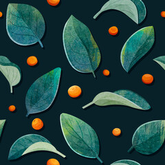 Seamless raster pattern with green leaves. Eucalyptus