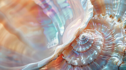 This image captures the delicate details of a spiral seashell with gentle hues and intricate textures, conveying a calm simplicity - obrazy, fototapety, plakaty