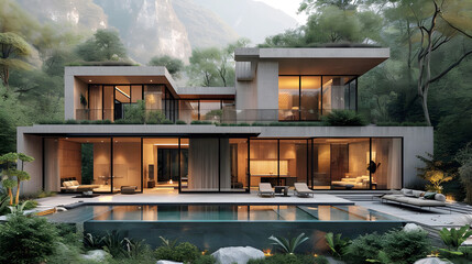 Modern, minimalistic, pitched-roof home made of glass and concrete in the highlands. opulent home with a pool and patio.