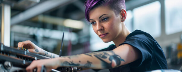young tattooed woman working in tattoo studio on machine
