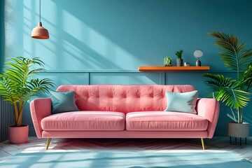Pink sofa with bookcase against blue wall. Vibrant and colorful pop art in a mid-century...