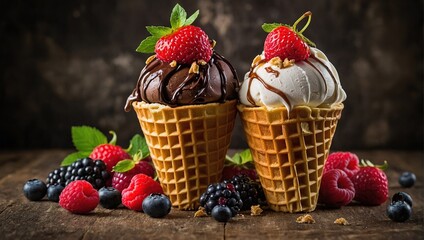 A vibrant assortment of creamy, pastel-colored ice cream flavors, each nestled in a crispy waffle cone and topped with a medley of fresh berries and fruits.