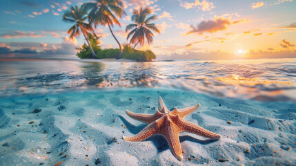 Underwater View of Starfish on Tropical Beach - obrazy, fototapety, plakaty