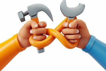 3d render, cartoon human hands hold hammer and spanner wrench. Professional carpenter or woodworker with building tool. Construction icon. Renovation service clip art, Generative AI  - obrazy, fototapety, plakaty