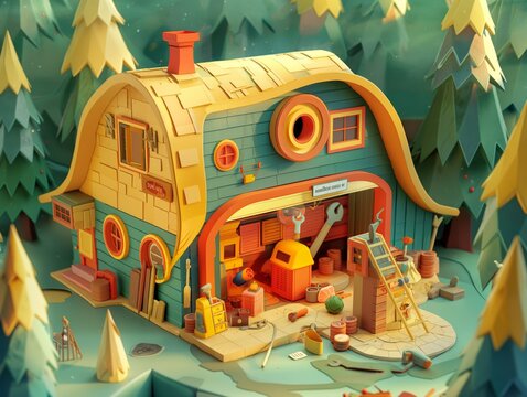 A cartoon house with a garage and a ladder. The house is yellow and blue. The garage is full of tools and equipment