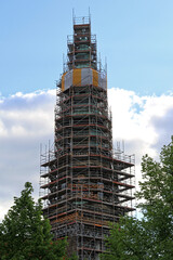 Construction Scaffolding at Church Tower During Restauration in Hannover Germany