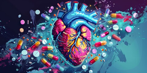 A colorful heart surrounded by pills