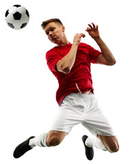 Sculpting victory in air. Soccer player on soccer field, footballer executes perfect pass against transparent background with green field. Concept of sport games, hobby, energy, world cup season. Ad - obrazy, fototapety, plakaty