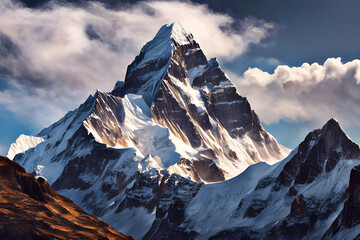 beautiful landscape of an incredible snowy mountain range, towering icy mountains rising up into a cloudy blue summer sky