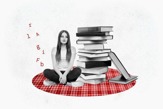 Composite graphics collage image of young girl student study air picnic stack book knowledge letters enlightenment plaid mat isolated on white color background