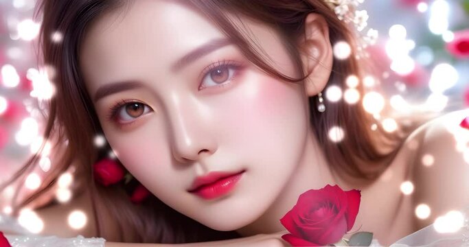 Beautiful and cute Asian girl model's glowing clear and moisturized skin, skin care, freshness and beauty images. Rose flower background with particle animation with sparkling bokeh. 美しい女性の美容イメージ。