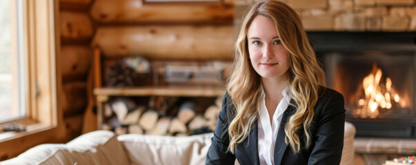 Fototapeta premium Portrait of young businesswoman in front of fireplace at home. 
