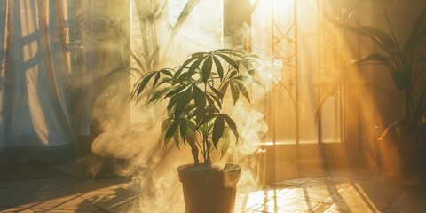 A plant is sitting in a pot with smoke coming out of it
