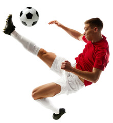 Dynamic portrait of professional football player executing flawless mid-air pass against...