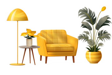 Yellow modern furniture items including a sofa, chair, planter, table, and lamp isolated on a transparent background for interior design.