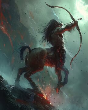 A centaur archer aiming at a distant target, representing the fusion of human intuition and animal strength in leadership