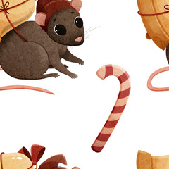 Seamless bitmap pattern with New Year Christmas mice with gifts