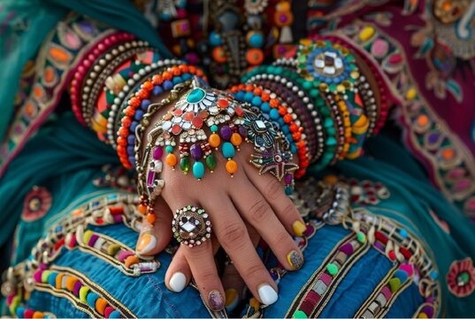 Stunning high-resolution photographs of women's hands of different nationalities with jewelry characteristic of each nation.Jewelry
