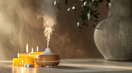 Tranquil Aromatherapy Setting with Essential Oil Diffuser and Candles