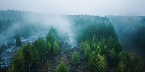 A forest with a foggy atmosphere
