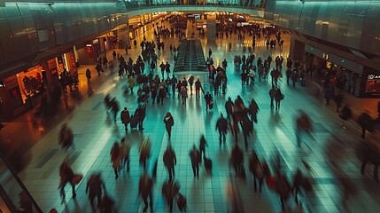 view of a busy crowded place with people walking in hurry being late in urban setting, motion blur,...