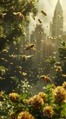 Bees, native trees, rooftop apiary, buzz of pollinators on city skyline, rainy day, 3D render, silhouette lighting, chromatic aberration