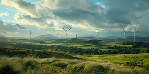 A field of windmills is seen in the distance - obrazy, fototapety, plakaty