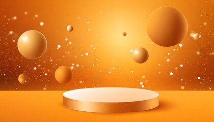 Minimal abstract scene with podium, air flying geometric bubble shapes on orange background....