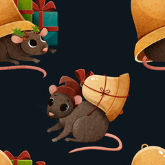 Seamless bitmap pattern with New Year Christmas mice with gifts