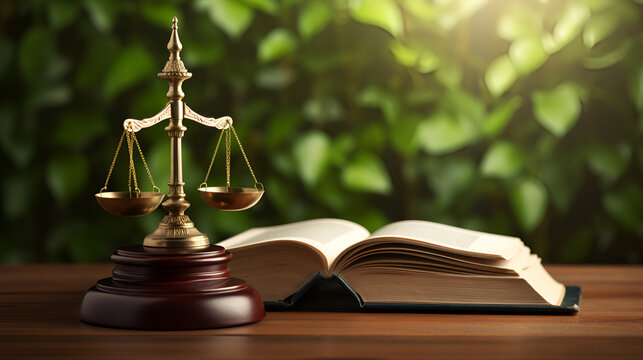 Law and justice is represented by a mallet gavel of the judge scales of justice and books There is