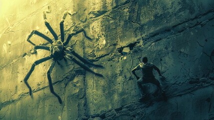 A human scaling a wall alongside a spider creature, symbolizing overcoming obstacles through teamwork and unique skills